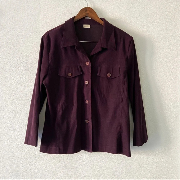 Shacket Retro Shirt Jacket Eggplant Ribbed Textured Button Up  Pockets XL Fall - Picture 10 of 10
